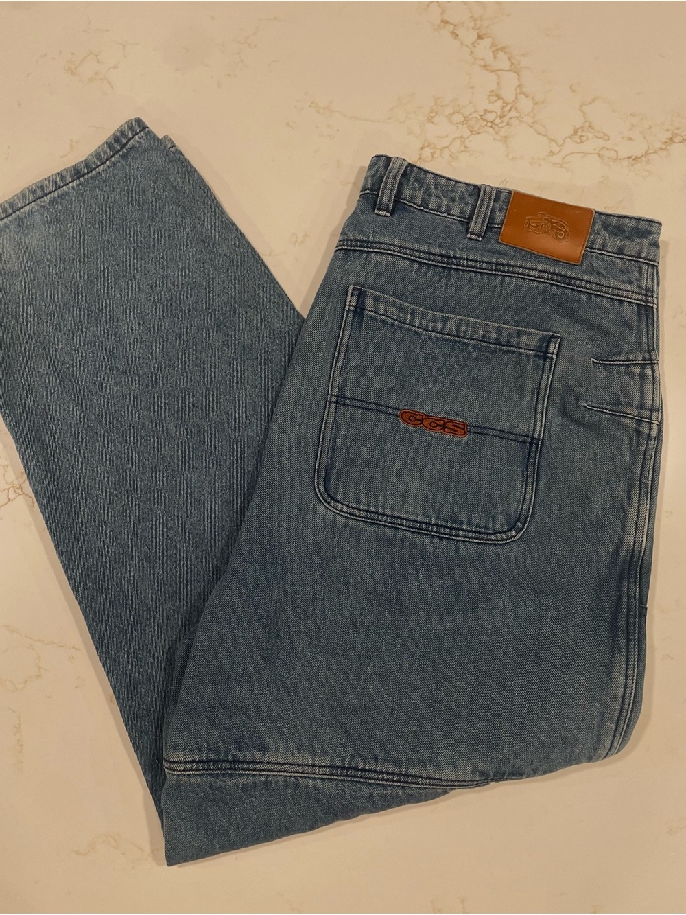 Men’s Straight Denim Jeans in Washed Blue with Patch Detail